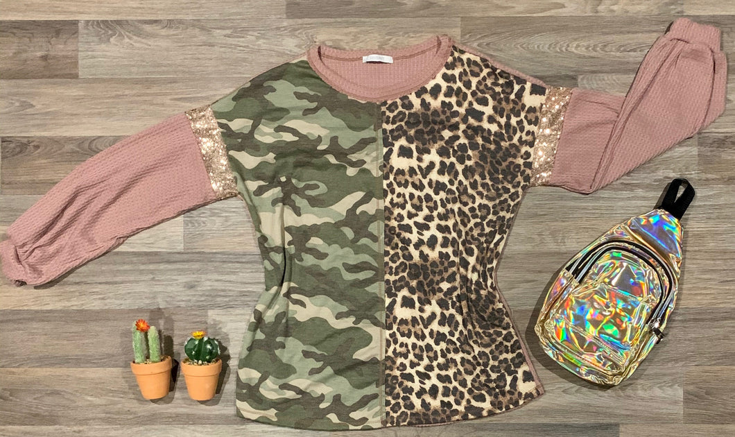Cheetah Camo Rose Gold Long Sleeve Shirt- Missy Sizes