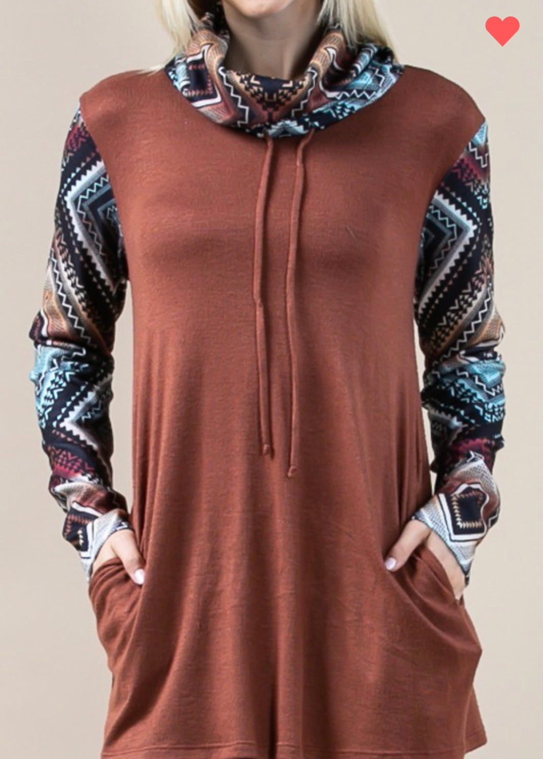 Aztec Print Cowl Neck Pullover Sweater- Rust