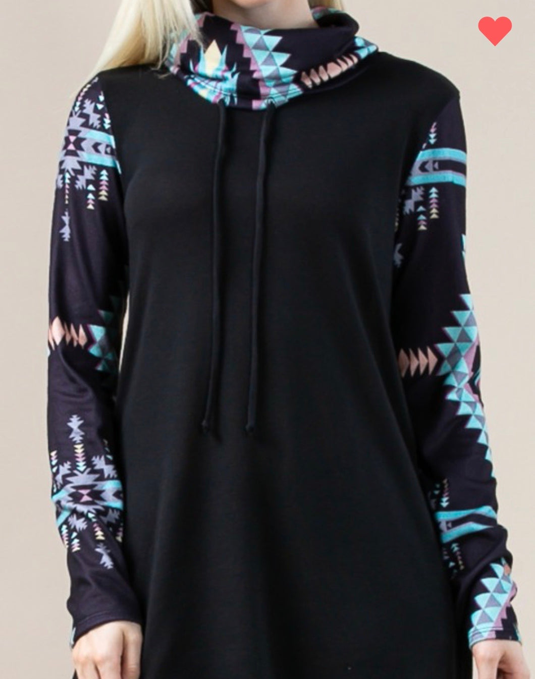 Aztec Print Cowl Neck Pullover -Black